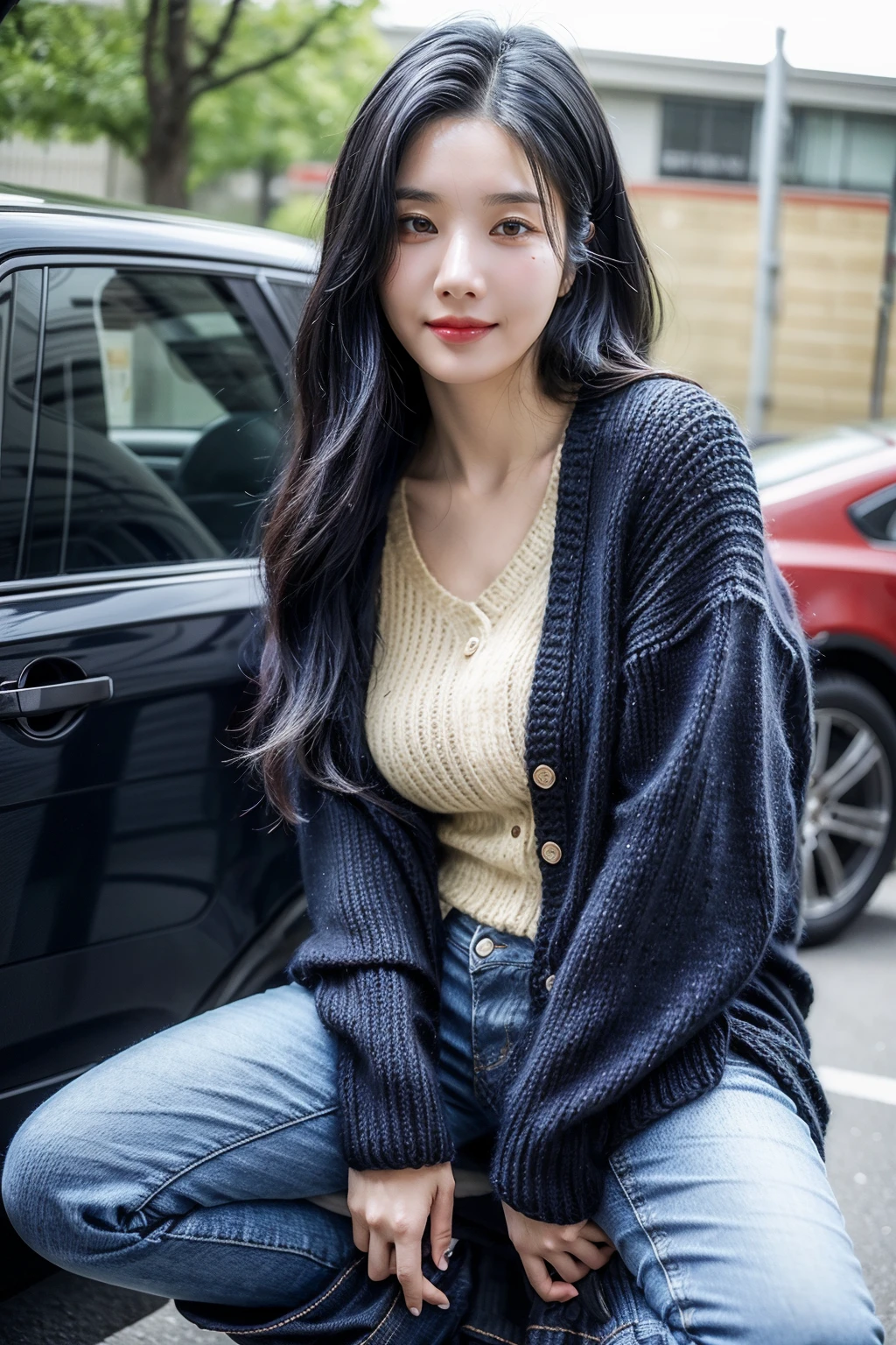 kwoneunbi,1girl,((realistic)), ((hyperrealism)),((best quality)), (((masterpiece))),((ultra high res)),((ultradetailed)), (photorealistic:1.4), idol,  (looking at viewer:2), <lora:add_detail:0.6>,detailed face,detailed eyes,
<lora:Eunbi_v1:1> ,
wide shot, panorama, dynamic pose, dynamic angle,
outdoors, smile, closed mouth, long hair, black hair, (Knit_cardigan:1.4),(Skinny_jeans:1.3),(Ankle_boots:1.2) [éç»å¼è¡«, ç´§èº«çä»è£¤, ç­é´],
