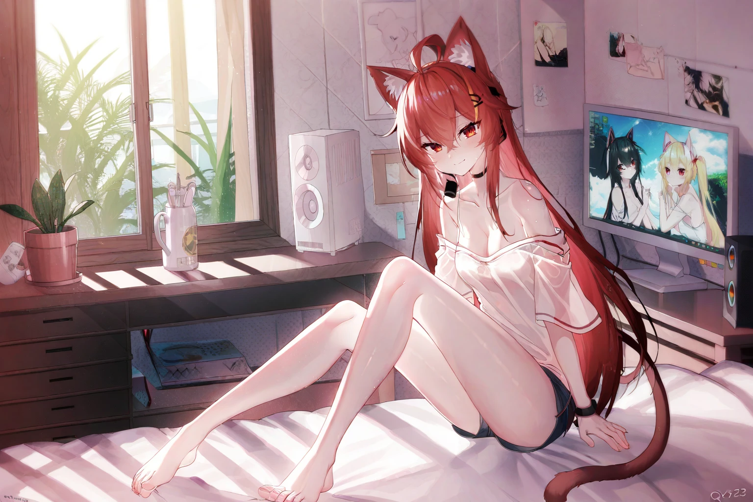 high quality, best quality, by qysthree, 1girl, barefoot, solo, weapon, gun, animal ears, long hair, headphones, animal ear headphones, cat ear headphones, sitting, holding, indoors, holding weapon, off shoulder, breasts, handgun, holding gun, fake animal ears, shirt, cat ears, shorts, looking at viewer, monitor, hair between eyes, short shorts, collarbone, bare shoulders, bed, feet, red hair, bangs, off-shoulder shirt, medium breasts, bare legs, computer, toes, window, very long hair, bedroom, cleavage, on bed, full body, headset, closed mouth, blush, legs, short sleeves, <lora:qysthree:1>