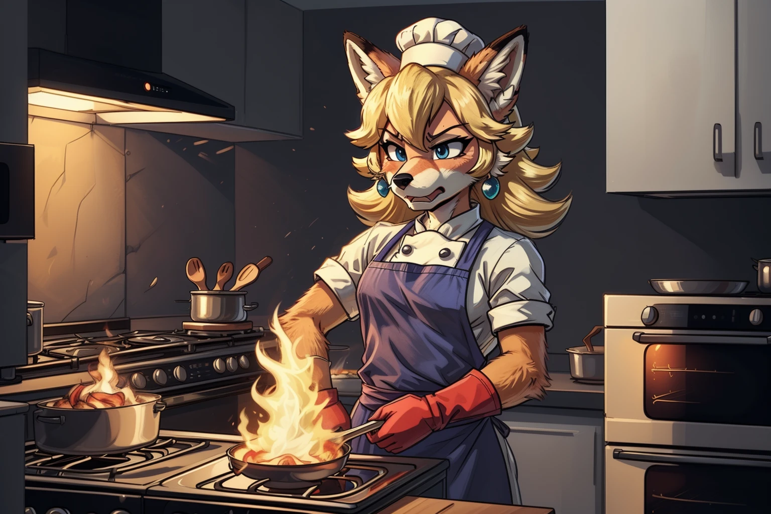 anime style, anime eyes, simple shading, black outlines
BREAK
<lora:foxy peach:0.7>, foxy peach, chef uniform, chef hat, apron, oven mittens, (frustrated expression:1.5), holding black food
BREAK
burning kitchen setting