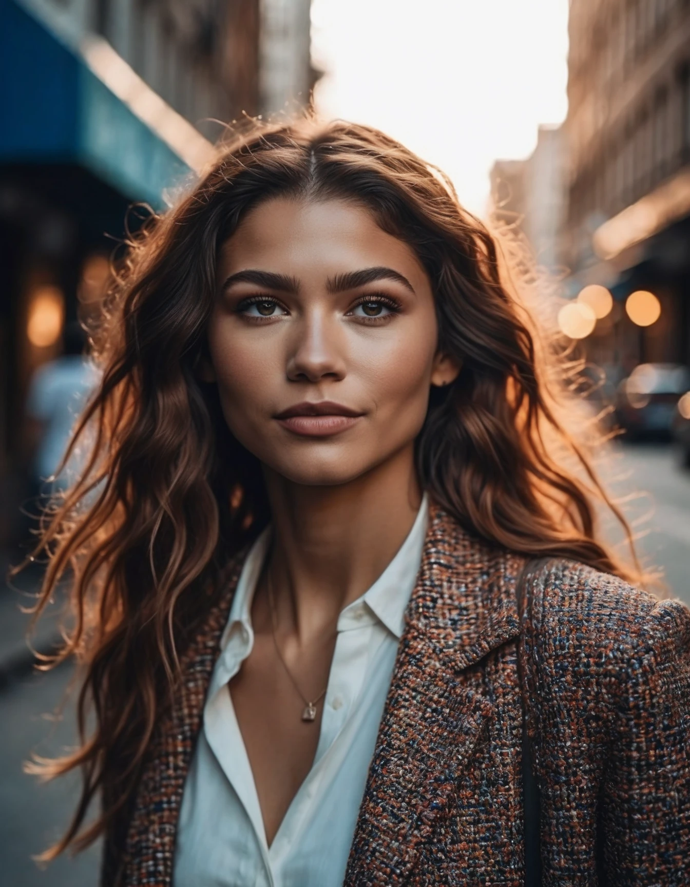 cinematic photo Mid-shot portrait of a beautiful ((ohwx woman)) in her 30s , with long hair, candid street portrait in the style of Martin Schoeller award winning, Sony a7R <lora:zendaya_dh128_v1-step00009000:1> . 35mm photograph, film, bokeh, professional, 4k, highly detailed