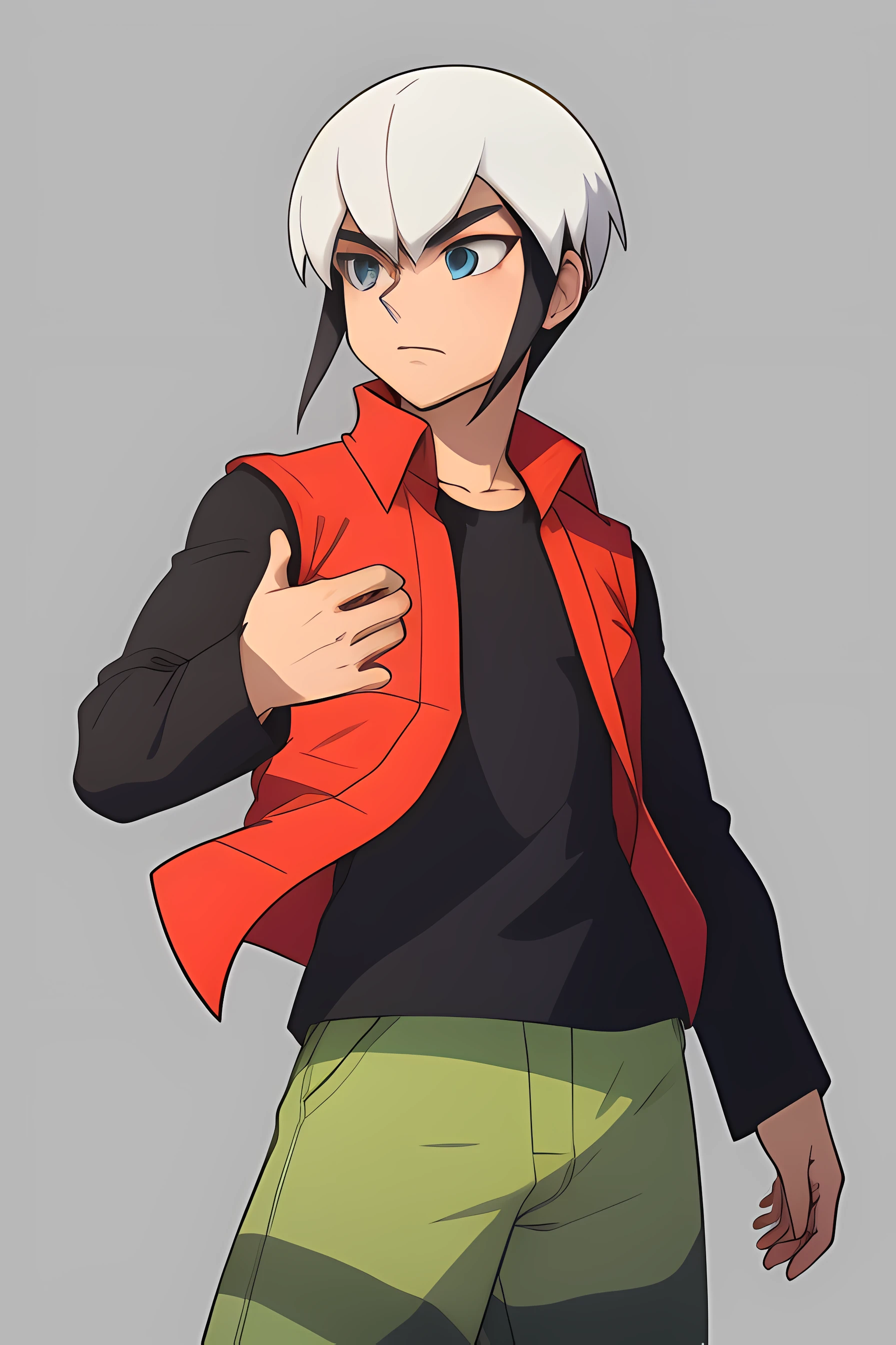 1boy, Eugene Chaud, short hair, two tone hair, (long sleeved black shirt:1.2), sleeveless red jacket, open jacket, green trousers, simple background, perfect hands