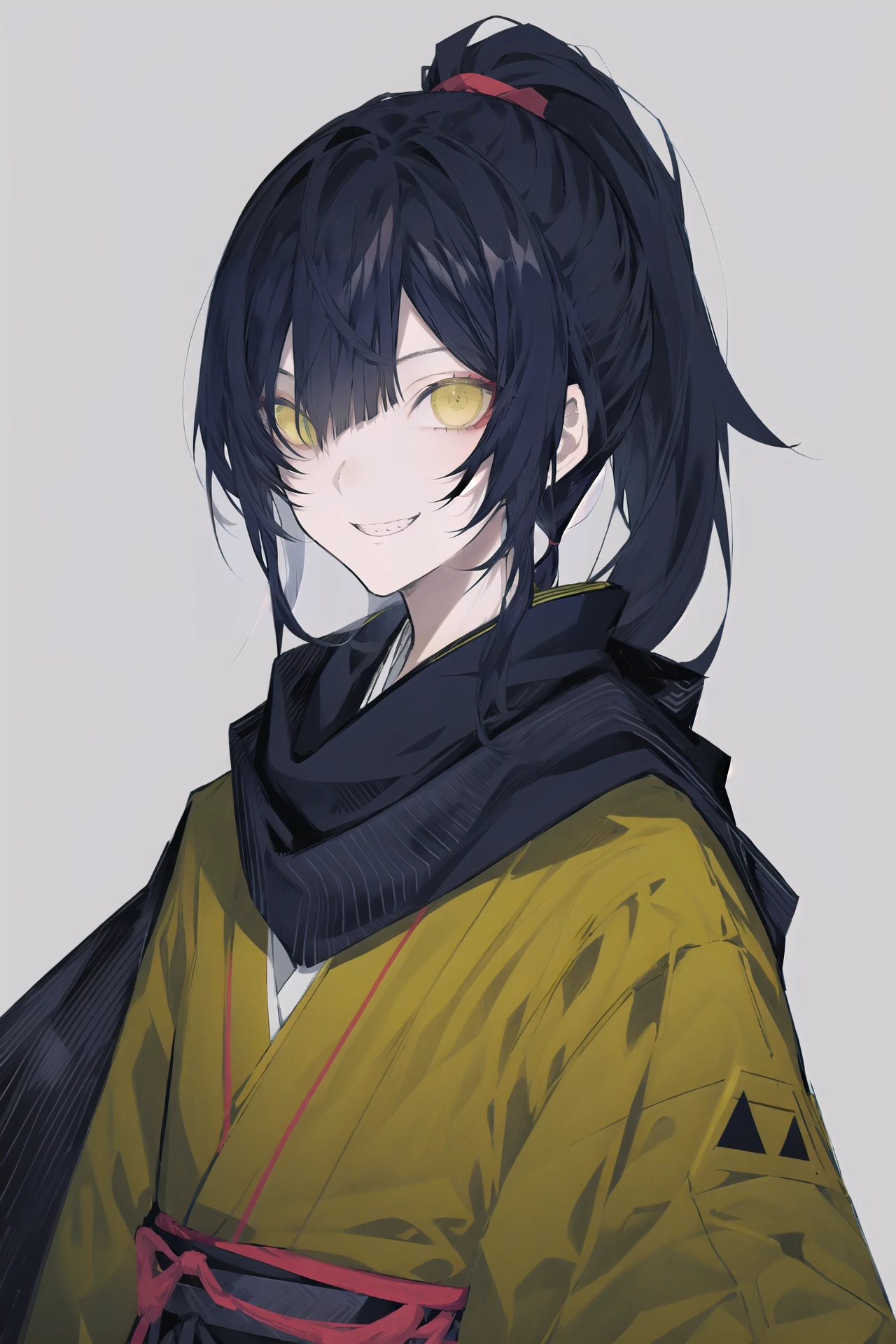 1boy, solo, male focus, black hair, hair over one eye, ponytail, v, scarf, smile, looking at viewer, yellow eyes, japanese clothes, long hair, upper body, bangs, simple background, grin, kimono ,
/////////// <lora:kotrou020-000200:1>, <lora:ç»ä¸½çå
å½±:0.2>,<lora:add_detail:0.35>, <lora:adaptedmodel:0.35>