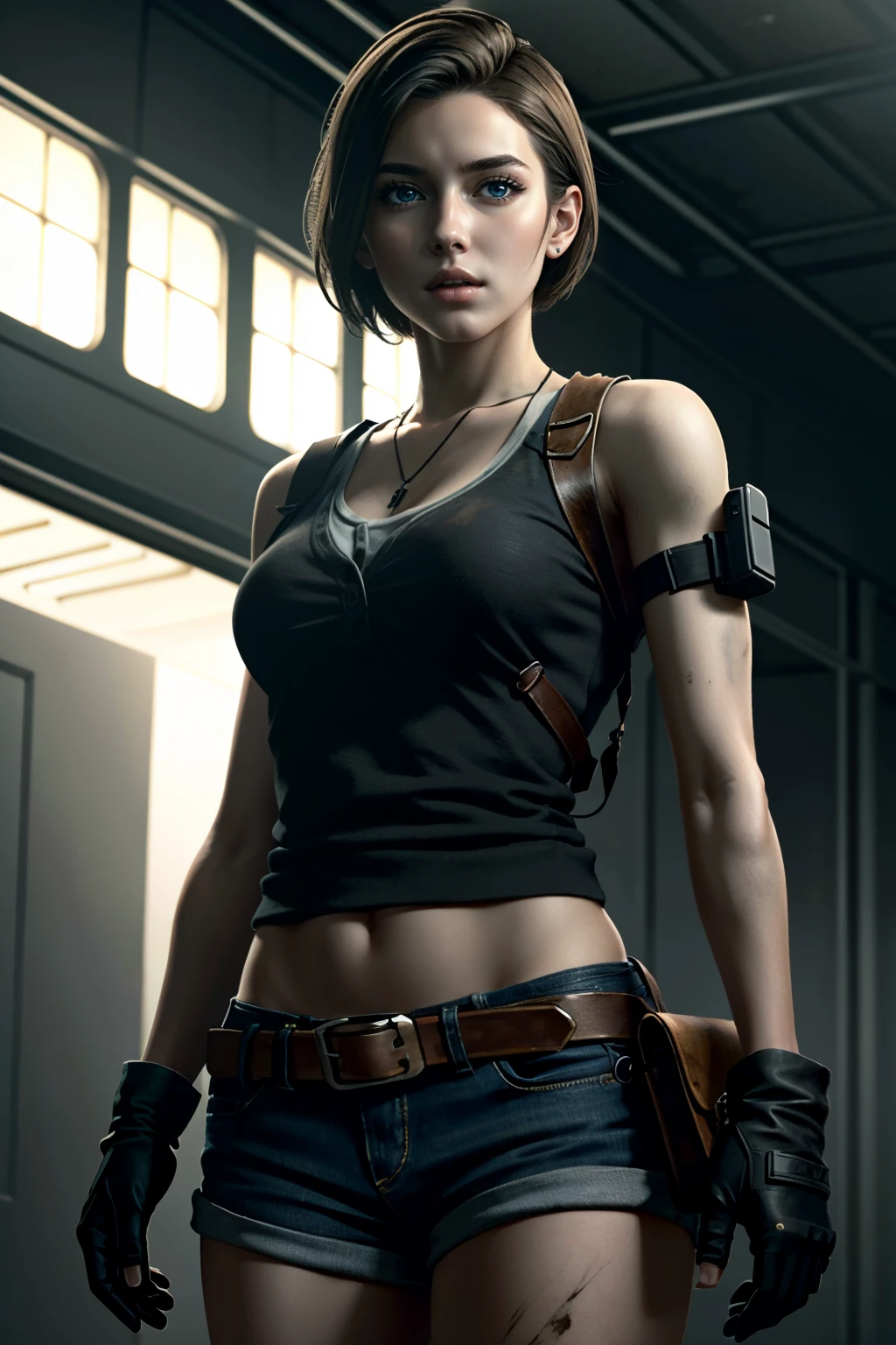 ((ultra detailed, masterpiece, absurdres))
RE3Jill, 1girl, solo, brown hair, blue eyes, short hair, cowboy shot