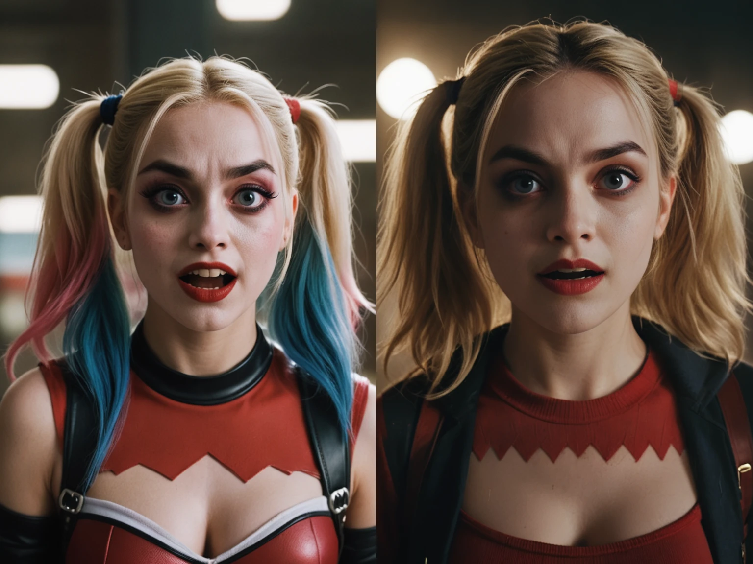a <lora:RMSDXL_Photo:3> Movie scene of harley quinn shot on 35mm film. exaggerated manic delighted expression. sharp crisp detail. excited. wide eyes. intense. stark lighting. 21 years old. wide shot. long hair. attractive. backlit