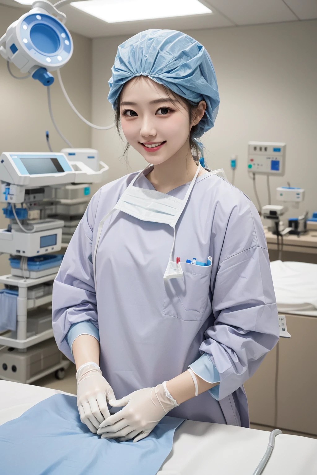 (RAW photo, best quality), 1girl, long sleeve surgical outfit, surgical gloves, surgical cap, operating room, overhead surgical light, light smile,
<lora:concept_surgical_mask_open_v2_1:1> surgical_mask_open, completely_undone,