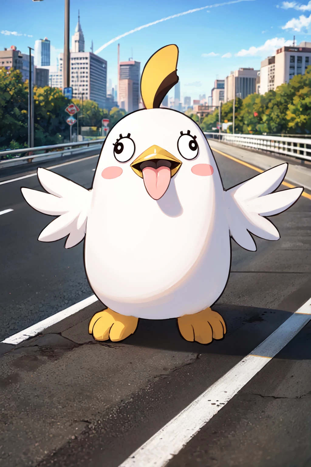 masterpiece, best quality, solo,<lora:BlueArchive_PeroroSama_v13-000075:0.7>, perorosama, full body, open mouth,standing, tongue, tongue out, black eyes, animal focus, bird, duck, duck feet, ahoge, wings, no humans, blush stickers, (highway, city, destruction:1.5),