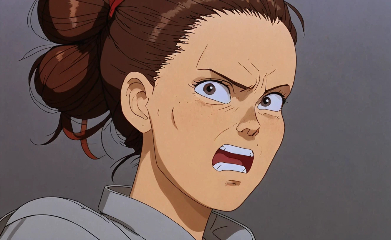 a frame of a animated film of a woman, profile, contempt expression, Dark Auburn hair, very long hair, heart hair bun hair, wearing workwear , style akirafilm <lora:Akira_Film_Style_XL:1>