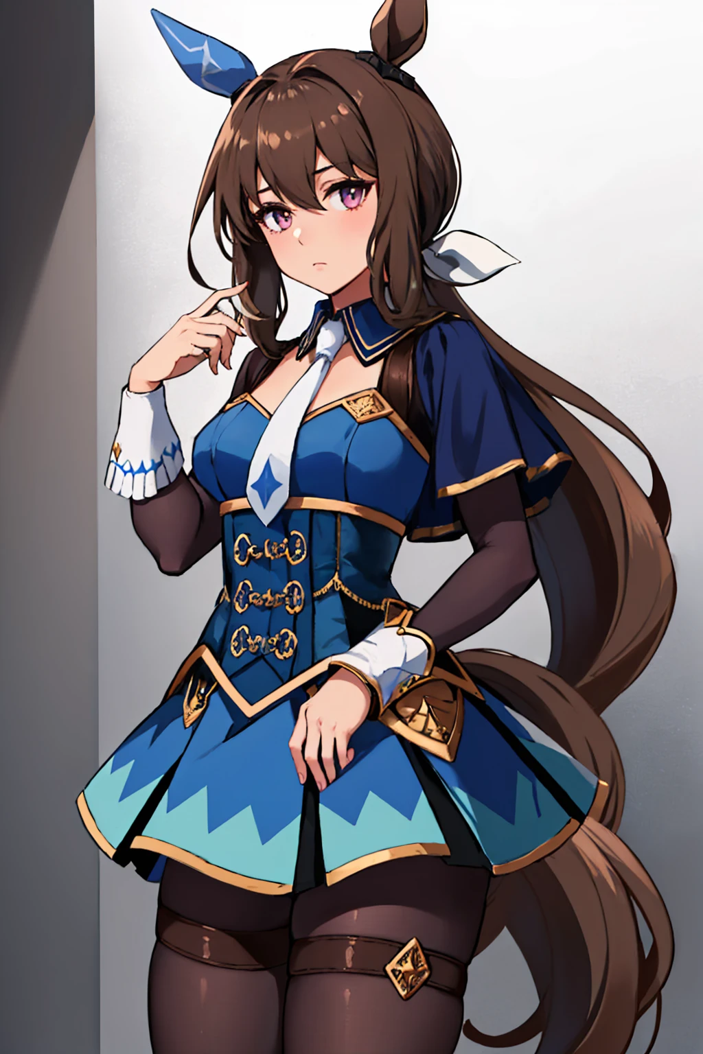 (masterpiece, best quality:1.2), solo, 1girl, admirevega, expressionless, looking at viewer, ponytail, horse ears, ear covers, blue dress, necktie, pantyhose, horse tail <lora:umamusume_admirevega-10:1>