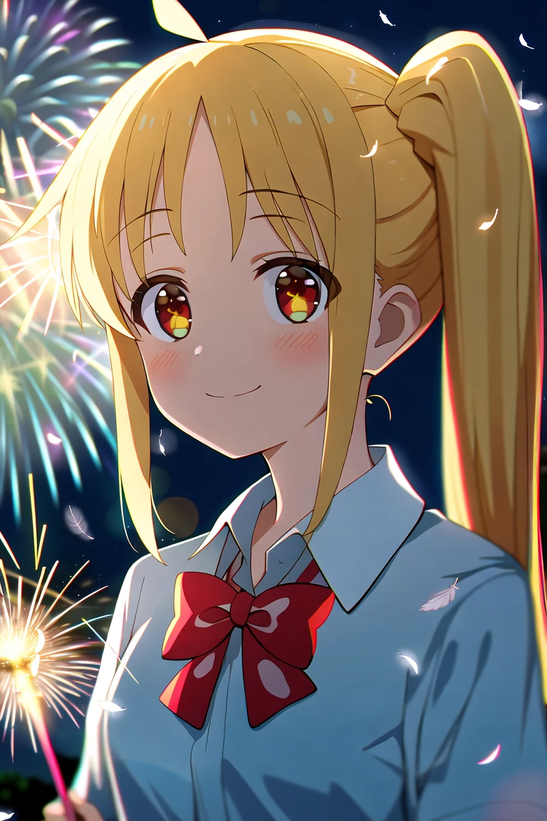highres, high quality, 1girl, ijichi nijika, upper body, smile, looking at viewer, shimokitazawa uniform, night, fireworks, sparkler, butterfly, feathers, depth of field, chromatic aberration, lens flare