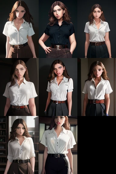 masterpiece, best quality, cinematic, volumetric lighting, very detailed, high resolution, sharp, sharp image, 4k, 8k, 35 mm, Scarlett Johansson, 1girl, scarlettjohansson-smf, solo, brown hair, shirt, jewelry, earrings, long hair, looking at viewer, realistic, short sleeves, white shirt, blurry background, blurry, brown eyes, lips, pants, skirt, breasts, collared shirt, cowboy shot, standing, head tilt, belt, closed mouth, buttons, medium breasts,