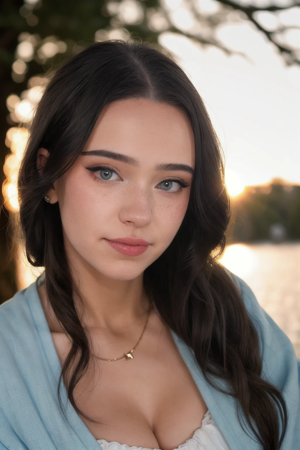 a  headshot portrait of lydiaviolet, portrait photography, 3 point backlight, diffused lighting, a close up RAW format high quality photograph, outside lake, ( outdoors:1.2) Fujifilm X-E4, Fuji 75mm f1.2 lens, <lora:lydiaviolet:1>