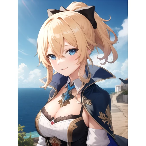 ((masterpiece)),(best quality),official art,extremely detailed CG,unity 8k wallpaper,ultra detailed,A lighthouse on a cliff by the sea,1girl,solo,upper body,(portrait:1.2),looking at viewer,detached_collar,blonde_hair,high_ponytail,blue_capelet,cleavage,blue_eyes,hair_bow,very_long_hair,tight_pants,white_pants,large_breasts,gloves,smile,bangs,hair_between_eyes,sidelocks,tight,corset,coattails,white_footwear,<lora:Jean(gen)>,
