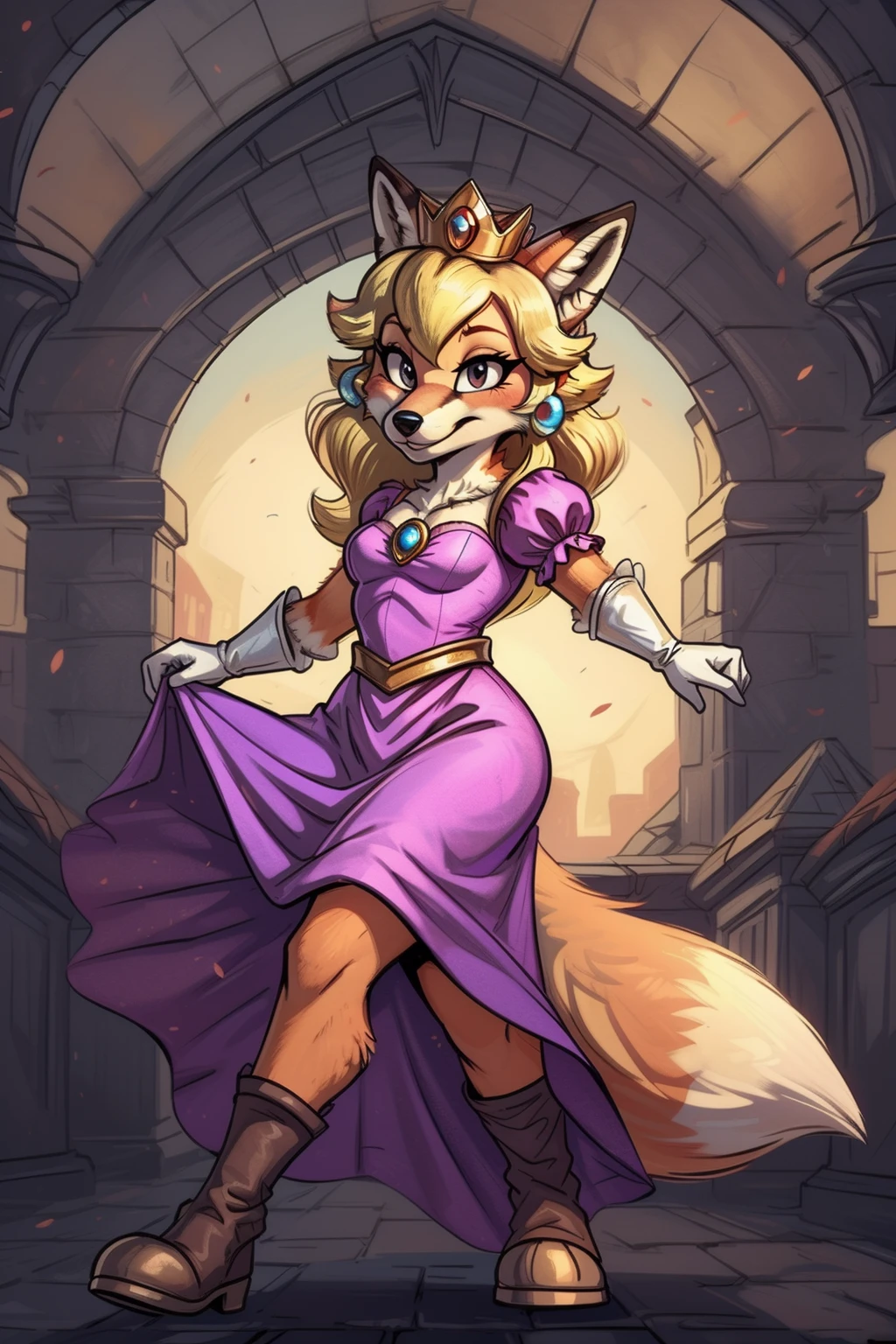 90s cartoon style, flat colors, large eyes black outline
BREAK
<lora:foxy peach:0.8>, foxy peach, dynamic pose, pink dress, crown, goofy smile
BREAK
medieval castle setting