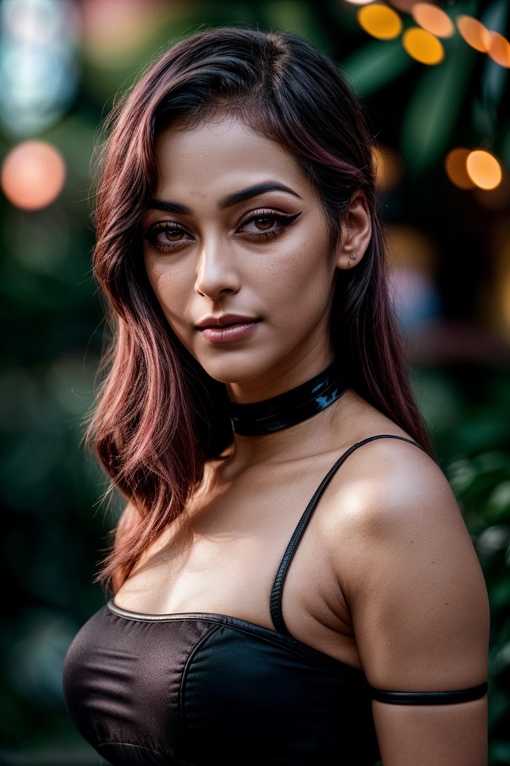 photo of (EPSun4y4n4F0zd4r:0.99), closeup portrait, perfect hair, (modern photo, (black dress:1.3), black choker), ponytail, perfect realistic skintexture, 24mm, (analog, cinematic, film grain:1.3), (([sunroom, refrigerator,nightstand,curtains, cork flooring, gas lanterns, gobo lighting| dining room], gradient:1.1)), ((detailed eyes)), ((eyeliner, long lashes)), (epicPhoto), long eyelashes, (perfect waist), (painted lips), (dark eyeliner:1.4), (blush:1.4), (smokey eyes:1.2)