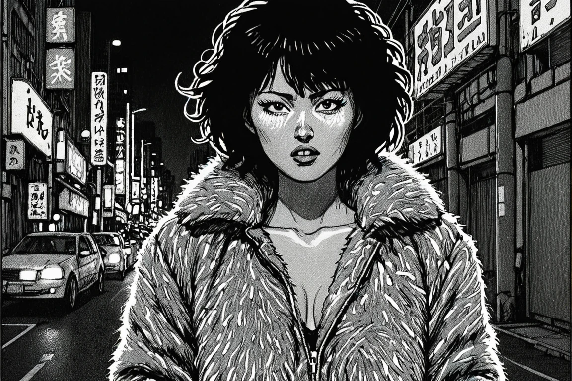 a black and white comic book illustration of woman prostitute on the street, wearing a fuzzy jacket, neon lights, new tokyo, 1girl, solo,, style akirabw <lora:Akira_BW_Comic_Style_XL:1>