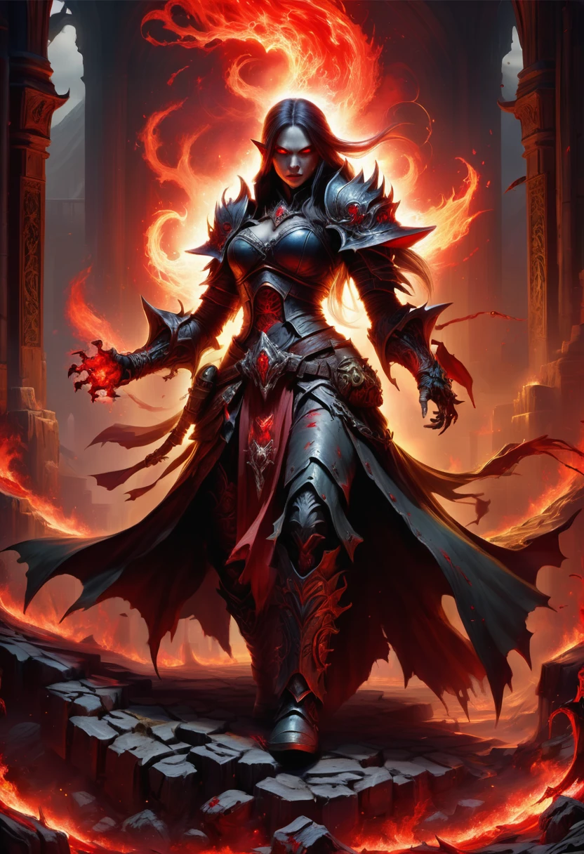 hyper detailed masterpiece, dynamic, awesome quality, a female arcanist summoning bloody orc DonMM4g1cXL magic,  <lora:DonMM4g1cXL-000008:0.8>
