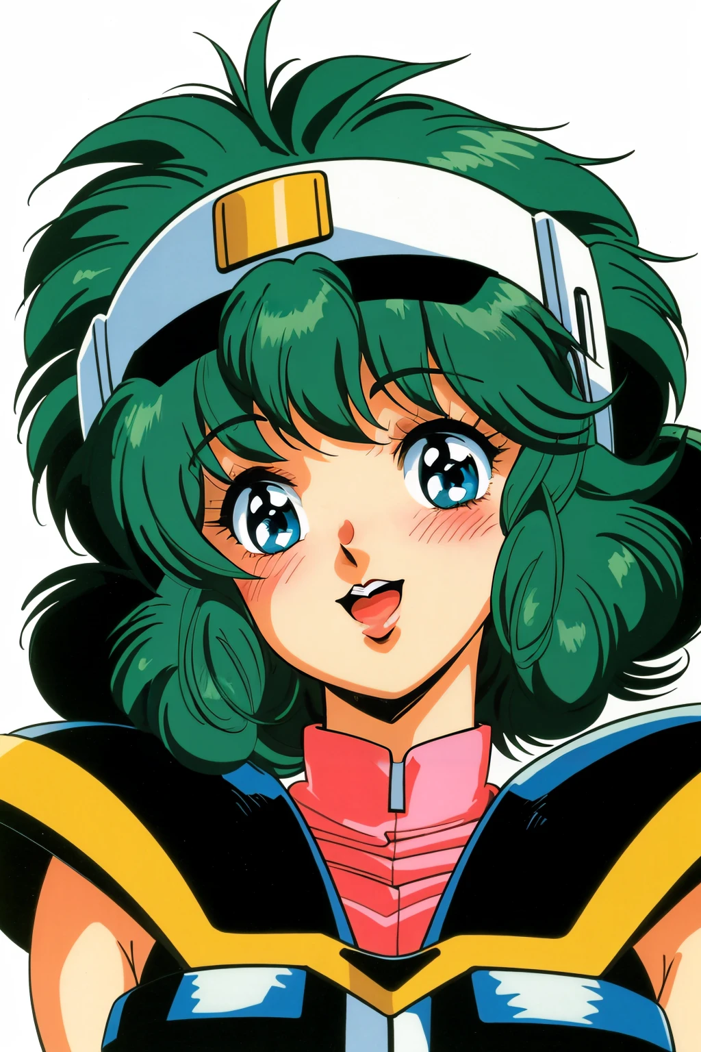 1girl, solo, green hair, retro artstyle, open mouth, white background, headgear, simple background, 1980s \(style\), smile, blush, short hair, blue eyes, armor, bangs, looking at viewer, upper body, helmet <lora:toshihiro_V73:1>