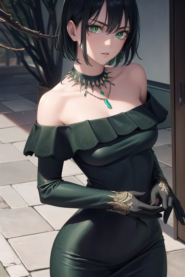 fubuki, <lora:opm fubuki manga-lora-nochekaiser:1>,
fubuki, black hair, (green eyes:1.5), short hair,
BREAK black dress, dress, fur coat, high collar, jewelry, necklace, off shoulder, taut clothes, taut dress,
BREAK outdoors,
BREAK looking at viewer, (cowboy shot:1.5),
BREAK <lyco:GoodHands-beta2:1>, (masterpiece:1.2), best quality, high resolution, unity 8k wallpaper, (illustration:0.8), (beautiful detailed eyes:1.6), extremely detailed face, perfect lighting, extremely detailed CG, (perfect hands, perfect anatomy),