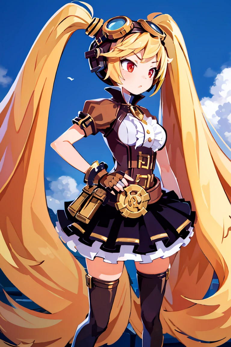 <lora:Harada_Takehito_v2_Repeats5:0.8>,((masterpiece,best quality)), absurdres, <lora:Layla_ML_v2:0.8>, Layla_ML, solo, 1girl, twintails, blonde, blonde hair, long hair, very long hair, red eyes, goggles, goggles on head, gloves, thighhighs, skirt, short sleeves, fingerless gloves, puffy sleeves, brown gloves, puffy short sleeves,