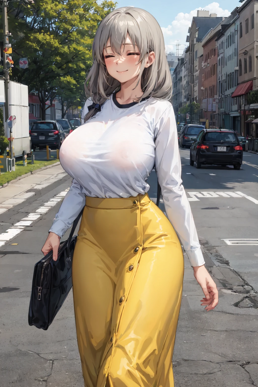 best quality, masterpiece, <lora:Uzaki Tsuki1:0.9> , 1girl, pptsuki, white shirt, grey hair, mature female, hair over shoulders, bangs, closed eyes, huge breast, long sleeves, skirt, long skirt, outdoors, yellow skirt, light smile, closed mouth, cowboy shot,