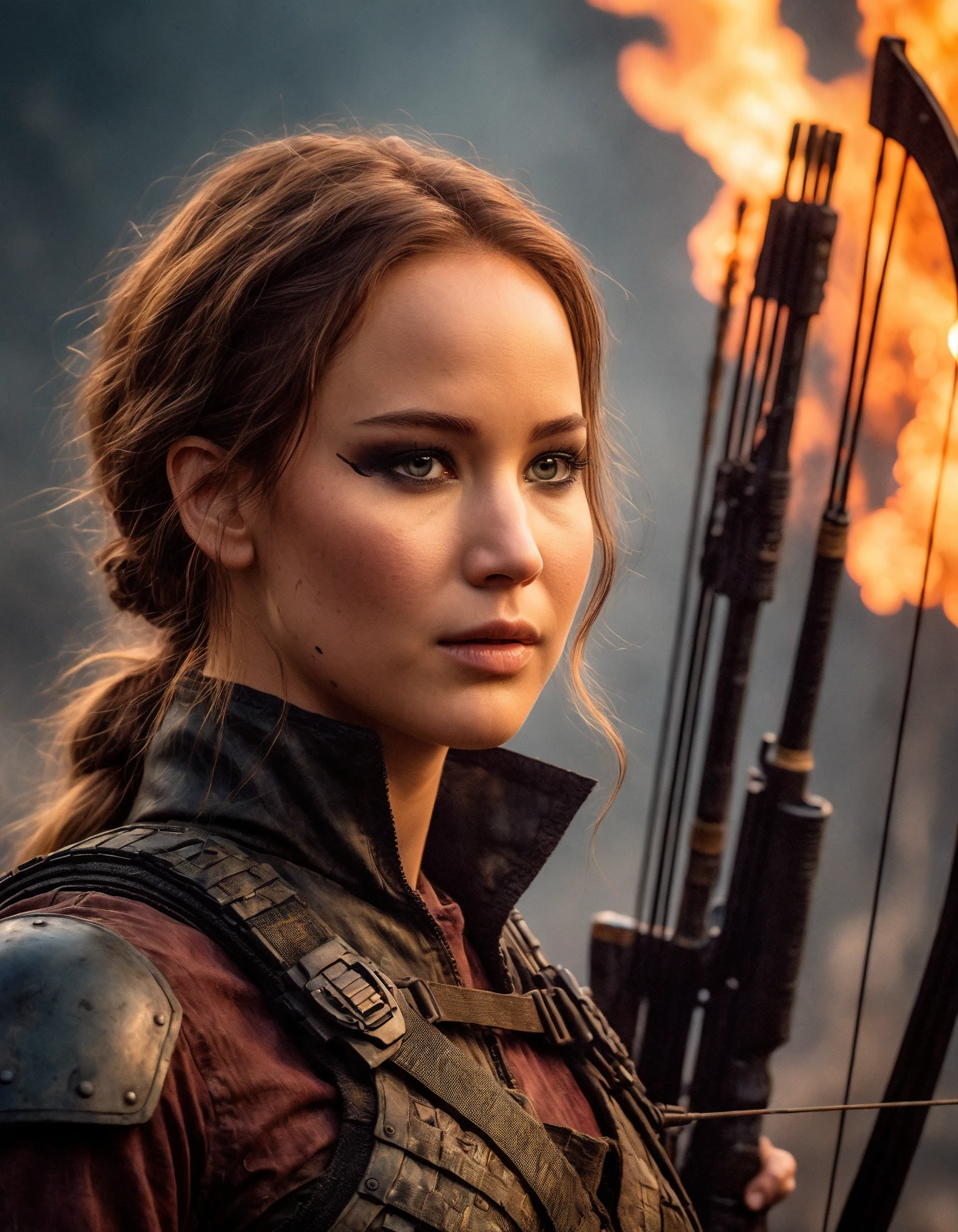 cinematic photo (full height:1.3), a beautiful ((ohwx woman))  As Katniss Everdeen from The Hunger Games, with her bow drawn, amidst the fiery backdrop of a rebellion., inspired by Krenz Cushart, neoism, kawacy, wlop, gits anime, A tight braid falling over her shoulder, embodying her determination and spirit.<lora:lawrence_dh128_v1-step00012000:1.1> . 35mm photograph, film, bokeh, professional, 4k, highly detailed