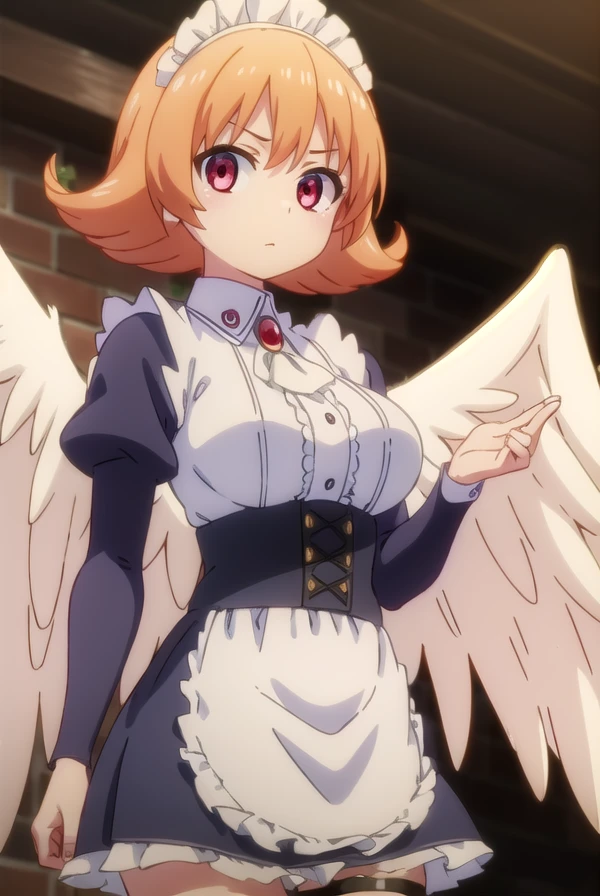 meidri, <lora:meidri s1-lora-nochekaiser:1>,
meidri, short hair, bangs, (red eyes:1.3), orange hair, flipped hair,
BREAK long sleeves, dress, jewelry, frills, wings, puffy sleeves, apron, maid, maid headdress, thigh strap, juliet sleeves, brooch, white apron, feathered wings, maid apron, puffy long sleeves, white wings,
BREAK indoors,
BREAK looking at viewer, (cowboy shot:1.5),
BREAK <lyco:GoodHands-beta2:1>, (masterpiece:1.2), best quality, high resolution, unity 8k wallpaper, (illustration:0.8), (beautiful detailed eyes:1.6), extremely detailed face, perfect lighting, extremely detailed CG, (perfect hands, perfect anatomy),