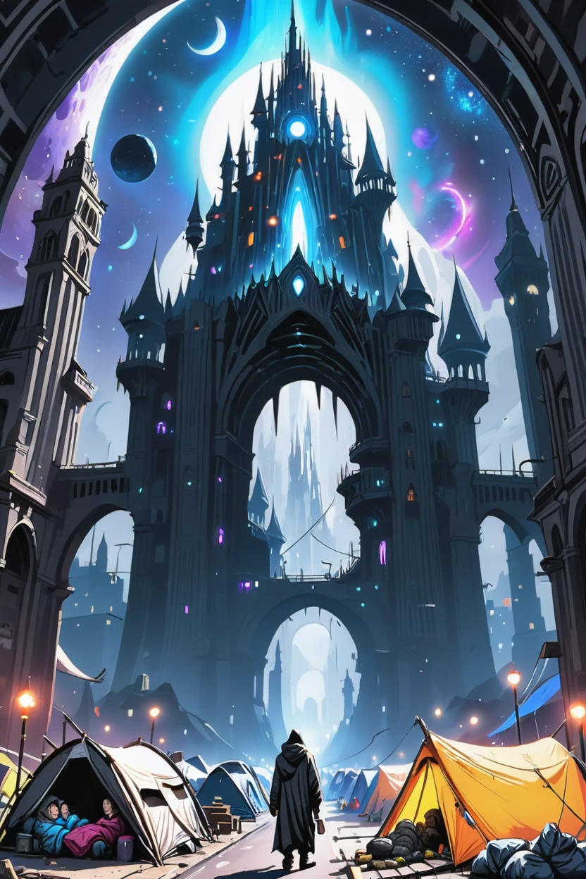 homeless camp in a cheerful,infinite fantasy cosmic megastructure beyond the beginning of the multiverse, masterpiece, by Alex Jay Brady<lora:EnvyBetterHiresFixXL01:0:hr=1><lora:EnvyGothicXL01:1>