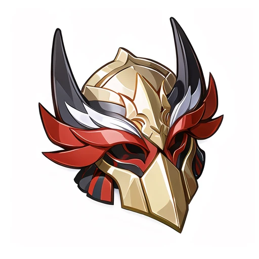 (masterpiece, top quality, best quality, official art, beautiful and aesthetic:1.2),(8k, best quality, masterpiece:1.2)icon\(game icon institute\), a stylized image of a helmet with a gold and silver decoration on it's face and a red and white tail, solo, simple background, red eyes, white background, armor, no humans, helmet,<lora:Game Icon InstituteV2.0:0.7>,