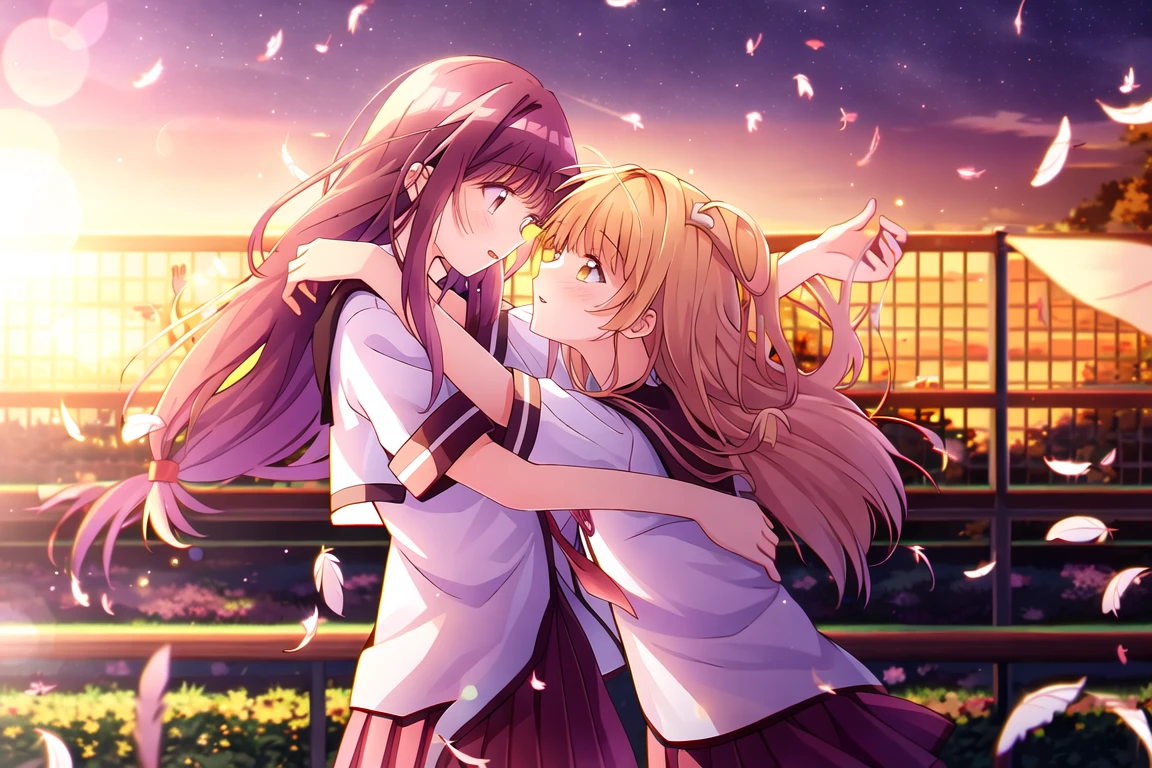 highres, high quality, 2girls, yuri, shiina mahiru, kubo nagisa, (kannazuki no miko ed:1.2), nanamori uniform, short sleeves, wind, flower, falling feathers, night, bokeh, lens flare, chromatic aberration