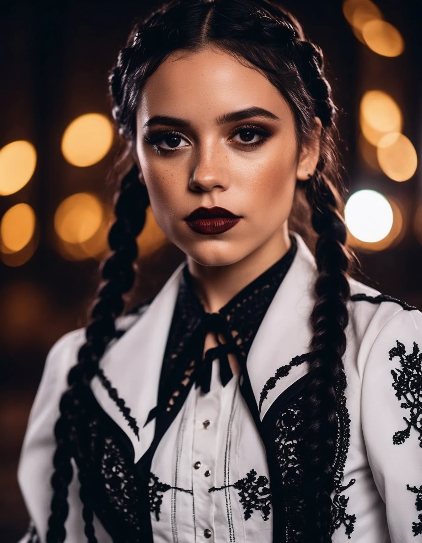 cinematic photo professional close-up portrait photography of the face of a beautiful ((ohwx woman)), braided black hair, gothic makeup ang clothes, at lawyer during Midnight, Nikon Z9 <lora:ortega_dh128_v1-step00009000:0.95> . 35mm photograph, film, bokeh, professional, 4k, highly detailed