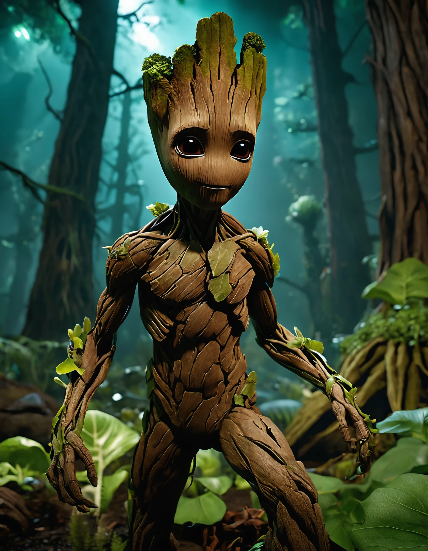 cinematic photo  Hyperrealistic art the guardians of the galaxy character is shown in a scene from the movie, i am groot, groot, groot costume, guardians of the galaxy-style 4k, vegetal dragon cyborg, treant, ent treant dryad, green man, unreal engine 5 , elated gaunt onion head, still from marvel movie, 3d unreal 5 . 35mm photograph, film, bokeh, professional, 4k, highly detailed