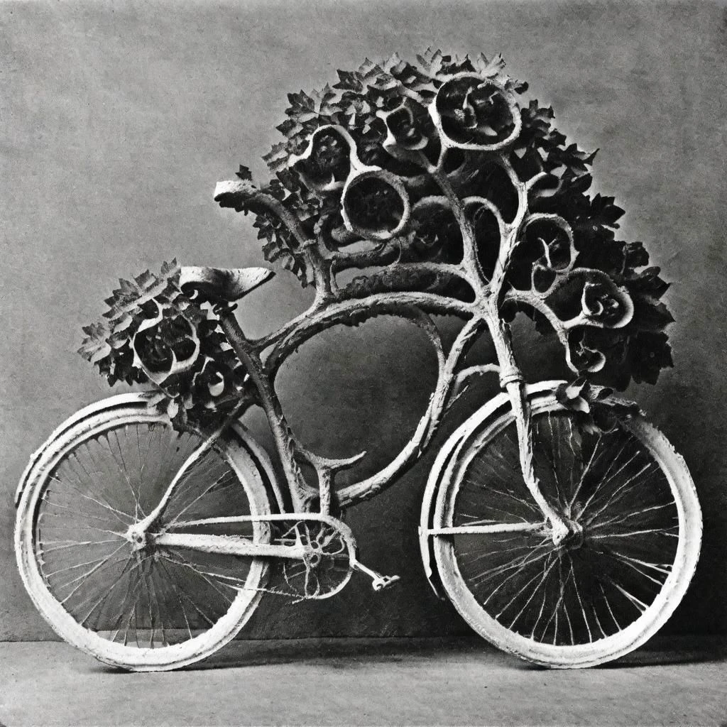 ASCIIOrganic Bicycle made of branches, leafs, ivy, plants, flowers,, photography in the style of K4RL, black and white, detailed, intricate, full