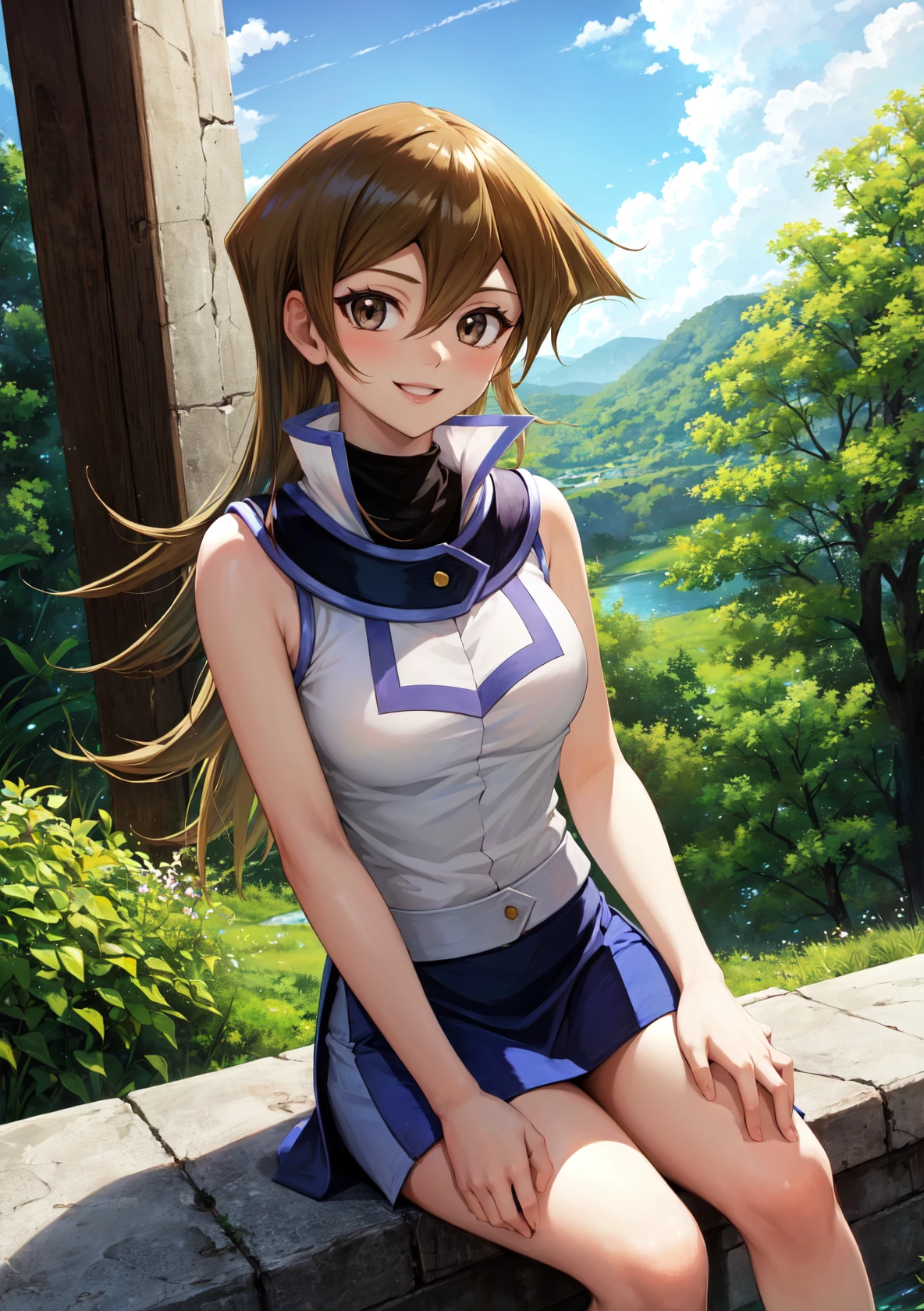 masterpiece, best quality, highres,
TenjouinAsukaDef, 1girl, solo, long hair, smile ,bangs, blonde hair, large breasts, brown hair, hair between eyes, brown eyes, very long hair, straight hair,
breasts, skirt, shirt, bare shoulders, school uniform, white shirt, sleeveless, shiny, belt, miniskirt, shiny hair, blue skirt, sleeveless shirt, turtleneck, duel academy uniform (yu-gi-oh! gx), tenjouin asuka,
<lora:LoRA_Tenjouin:1>, sitting, looking at viewer, leaning back, forest, sunlight, cloudy, laughing,
