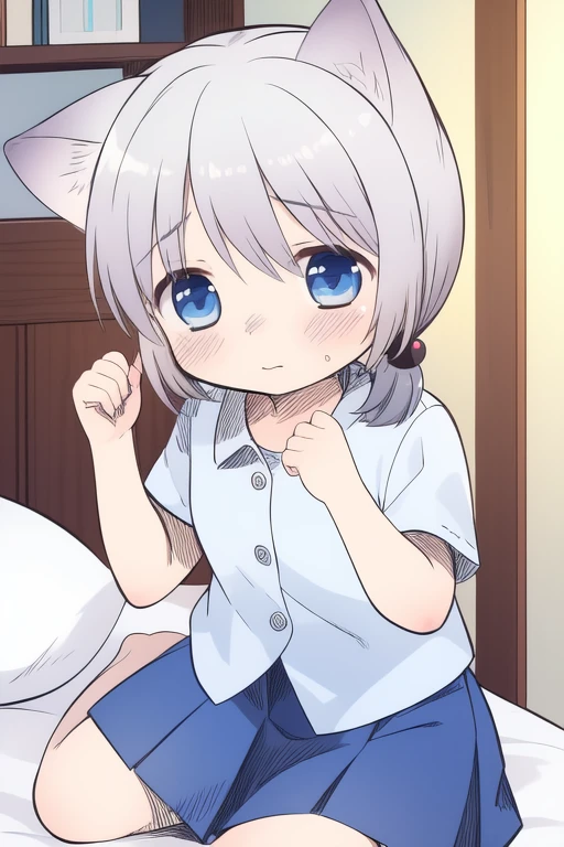 <lora:ookami_san:1> ookamisan, gray hair, blue eyes, white sleeve, blue skirt, child. flat cest, animal ears, short twintails, short hair, blush, wolf_tail,
room in the room,ãbed,
masterpiece, high quality, very_high_resolution, large_filesize, full color,
