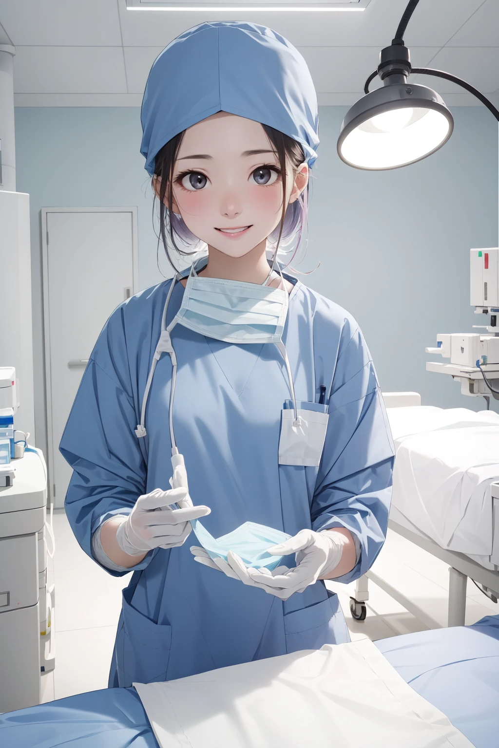 (RAW photo, best quality), 1girl, long sleeve surgical outfit, surgical mask, surgical gloves, surgical cap, operating room, overhead surgical light, light smile,
<lora:concept_surgical_mask_open_v2_1:1> surgical_mask_open, completely_undone