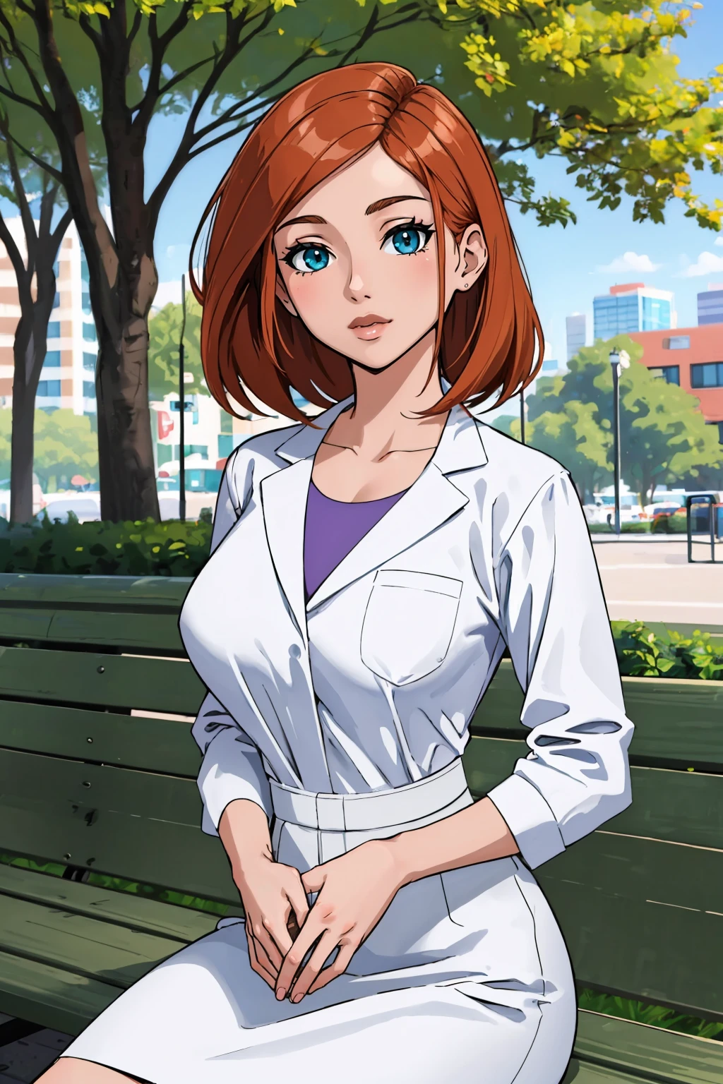 (masterpiece, best quality:1.2), <lora:annpossible:1>, annpossible, 1girl, solo, looking at viewer, labcoat, large breasts, shirt, outdoors, sitting, park, park bench,