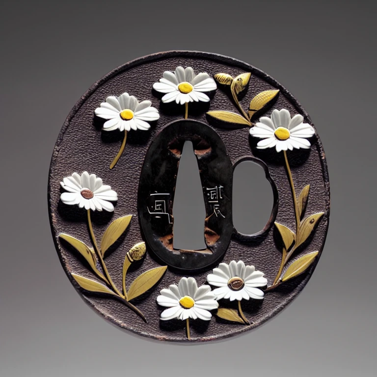 <lora:katana_tsuba-000250:0.74>,katana tsuba,daisy,white background,