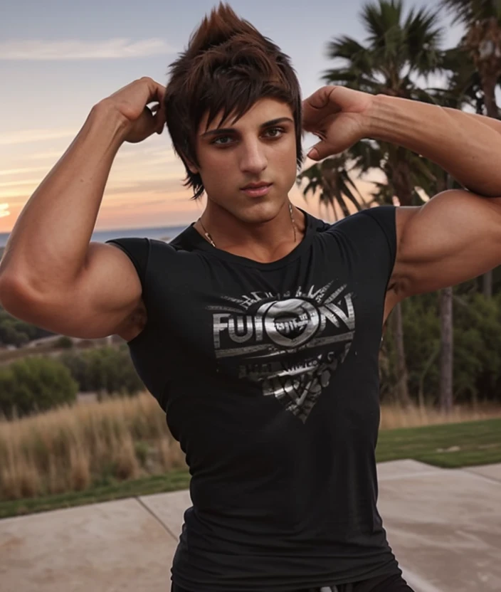 z1zz0, Ultra-HD-details, outdoor, Sunset, edge cliffs looking at the sky, man, upper body, dress, Zyzz, Black t-shirt