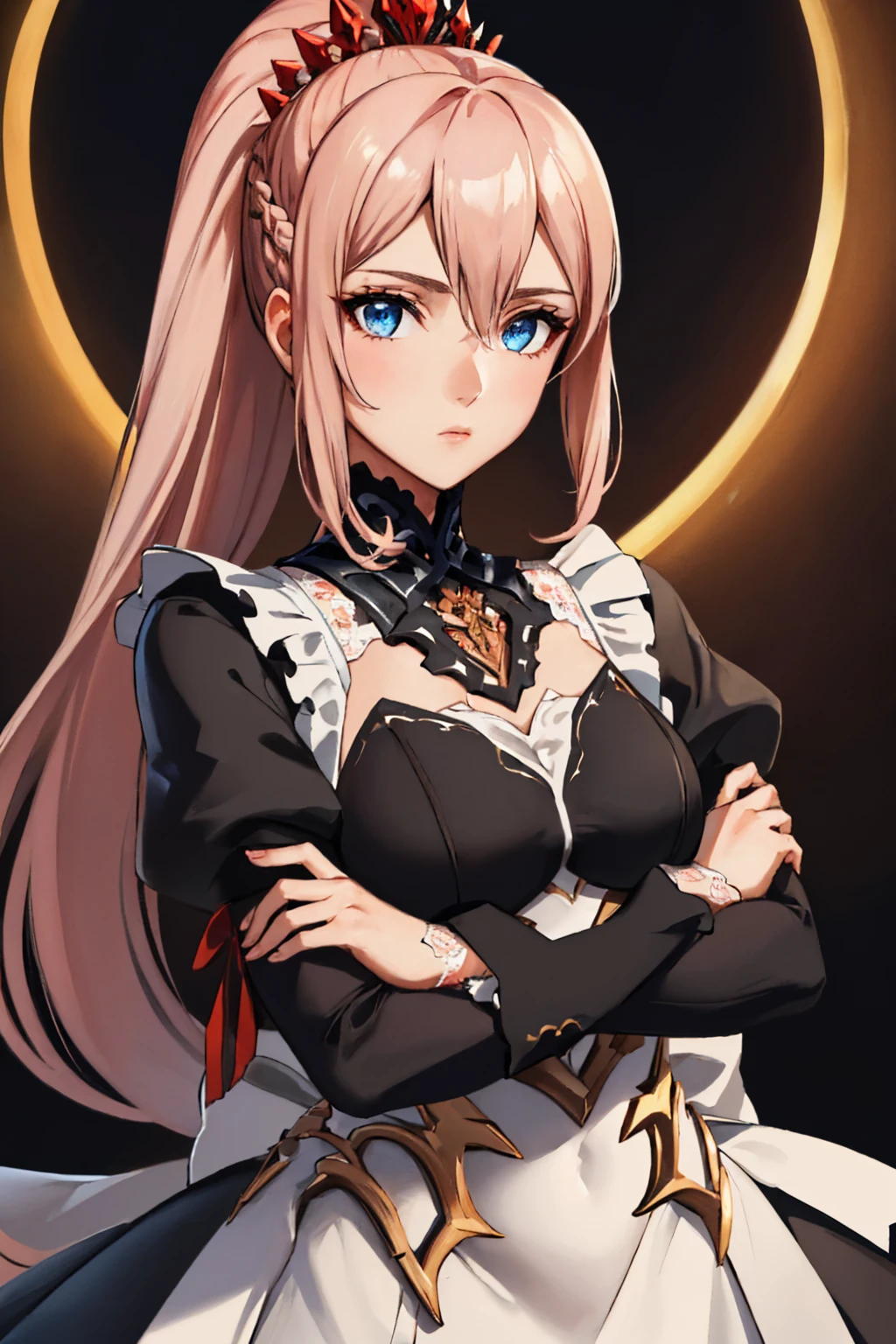 (masterpiece, best quality:1.2), solo, 1girl, shionne, expressionless, looking at viewer, crossed arms, braid, ponytail, maid headdress, fates maid <lora:tales_shionne:0.8> <lora:FEFatesMaid_v1:1>