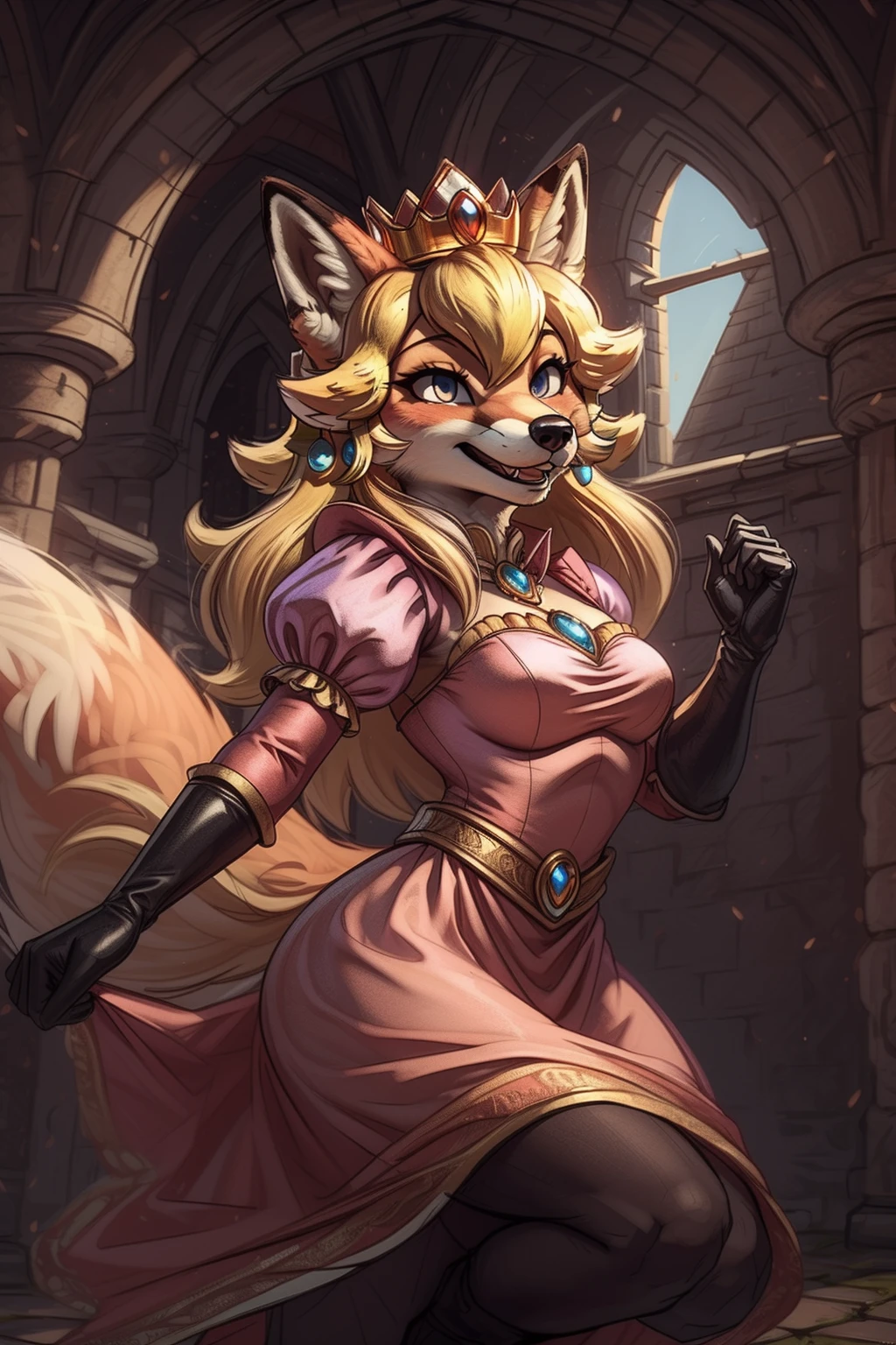 realism, realistic, visible fur
BREAK
<lora:foxy peach:0.8>, foxy peach, dynamic pose, pink dress, crown, goofy smile
BREAK
medieval castle setting