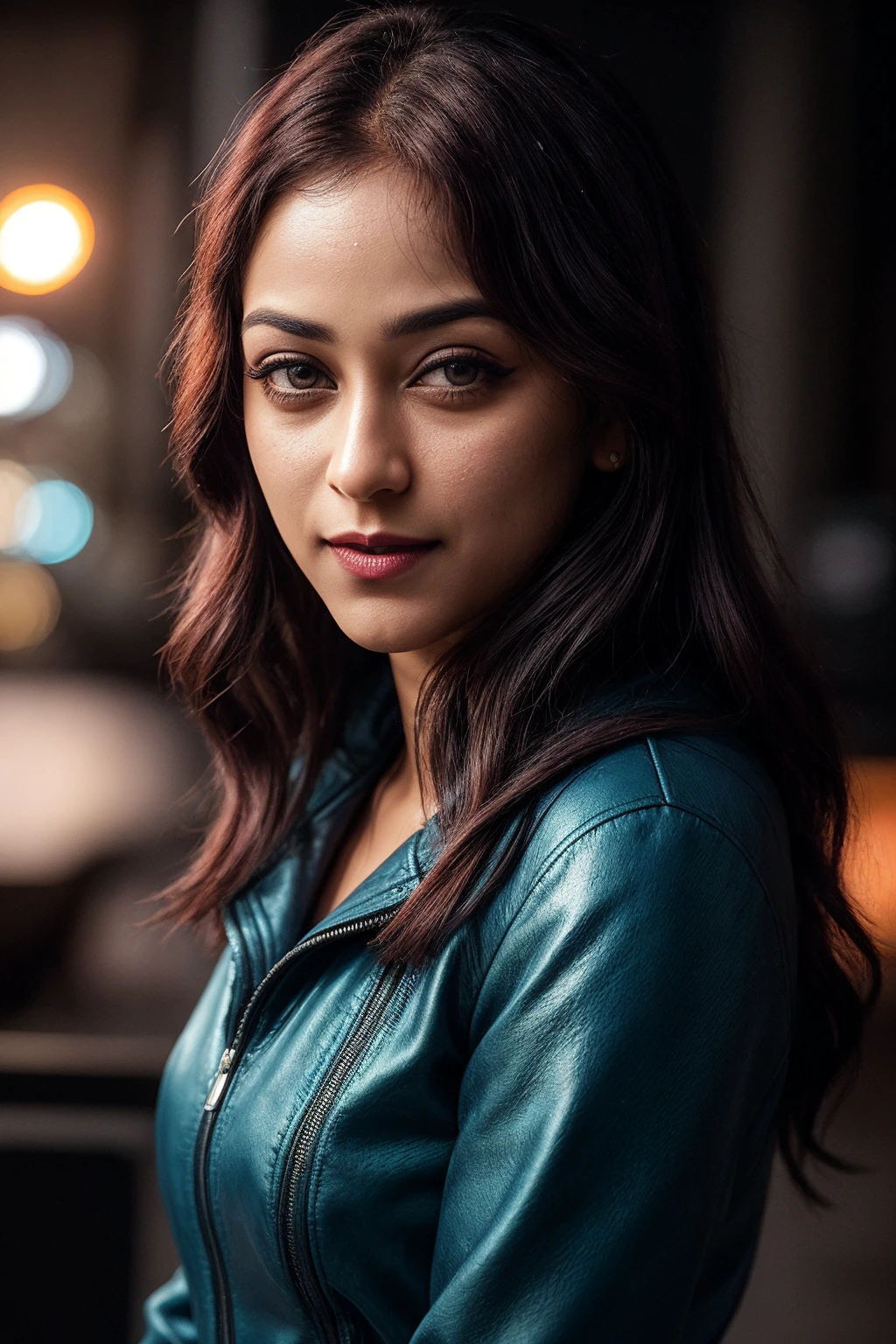 photo of (EPSun4y4n4F0zd4r:0.99), closeup portrait, perfect hair, (modern photo, [ Windbreaker jacket|Button-down cardigan with elbow patches  |Faux leather moto jacket with quilted panels and a cropped silhouette]), 24mm, (analog, cinematic, film grain:1.3), (([futuristic cyberspace dj club, rugs,magic mirror,dresser,computer terminal,pots and pans, slate, fire pit,incandescent bulbs, uplighting, cyberpunk, sci-fi| lake], gradient:1.1)), ((detailed eyes)), ((eyeliner, long lashes)), (epicPhoto), long eyelashes, (perfect waist), (painted lips)