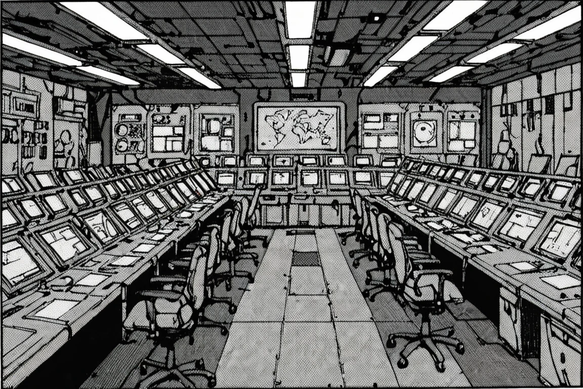 a black and white comic book illustration of a large military control room, style akirabw <lora:Akira_BW_Comic_Style_XL:1>