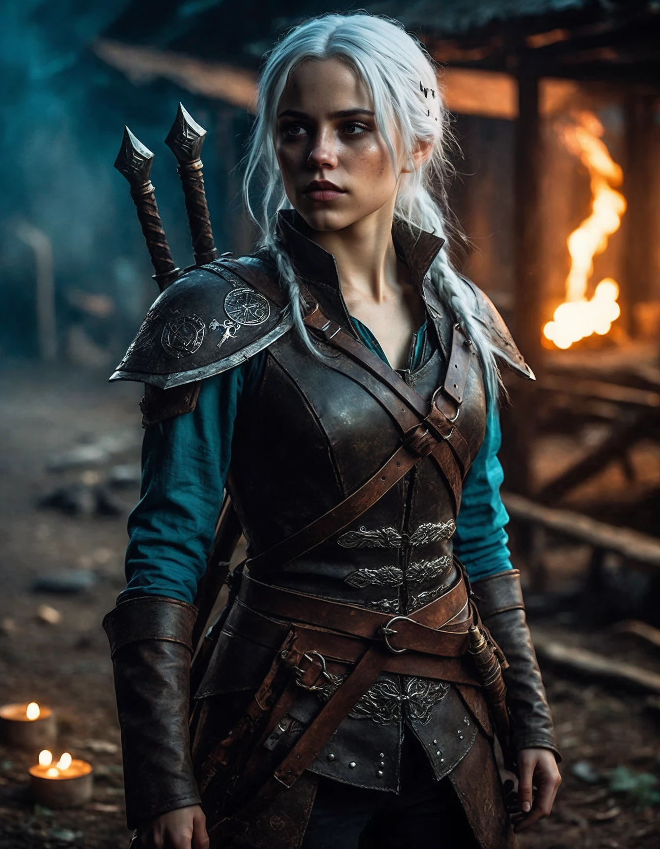 cinematic photo (full height:1.3), a beautiful ((ohwx woman)) As Ciri from The Witcher series, sword drawn, eyes alert, in a war-torn village with mystical signs shimmering around her., inspired by Krenz Cushart, neoism, kawacy, wlop, gits anime, Silver hair with a wild streak, reflecting her rebellious spirit and magical lineage. <lora:ortega_dh128_v1-step00009000:1> . 35mm photograph, film, bokeh, professional, 4k, highly detailed