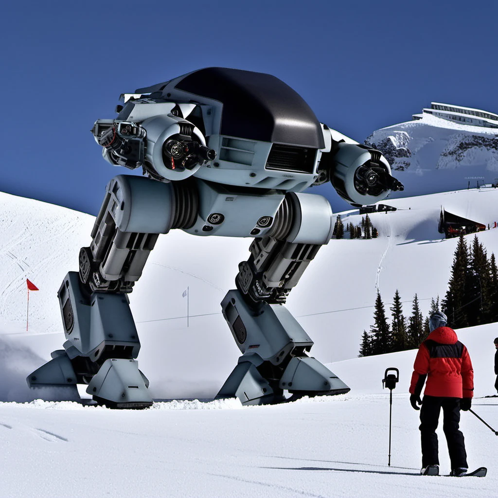 ED209-1024, a ski slope with people and a robot in background providing surveillance, snow, highly detailed, photography, ultra sharp, film, professional, 64k <lora:add-detail-xl:1.5> <lora:ED209-1024:0.8>