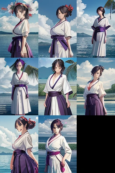 (ultra realistic,32k, masterpiece:1.2),(high detailed skin:1.1),( high quality:1.1),
YunaX, (heterochromia:0.8), detached sleeves, japanese clothes, sash, obi, hakama skirt, purple hakama , ,(huge breast:1.1),
,(radiant:1.1), Magic Circle background,tropical port, standing on water, sunshine
