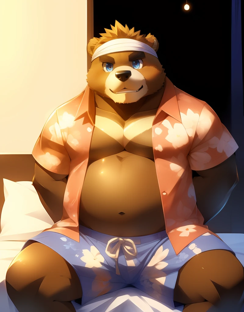 (((detailed eyes, detailed face))), (bara, kenji <lora:character_kenji_findigo_v3:1>, bear, short hair, spiked hair, black eyes), male, (solo), (plump, fat, chubby, overweight), (pink hawaiian shirt, blue swim trunks, headband), sitting, (arms behind back), smile BREAK (konzaburou, ukan_muri, cute), bedroom, (soft shading, low contrast, high brightness <lora:add_brightness:0.7>), 8k, UHD, masterpiece, (full body)