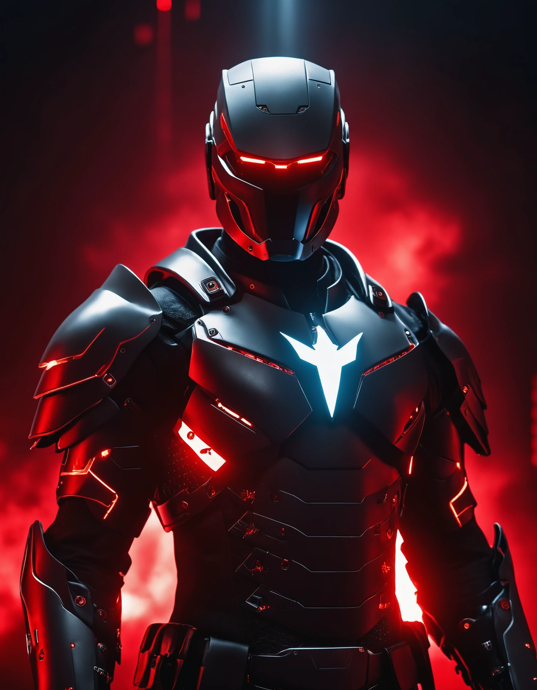 cinematic photo a man in a suit with red lights, trending on unreal engine, clothed in cyber armour, black armor, lightning background, by Ben Enwonwu, ultra view, crow in cyber armour, muscular male hero, opaque visor, grey metal body . 35mm photograph, film, bokeh, professional, 4k, highly detailed