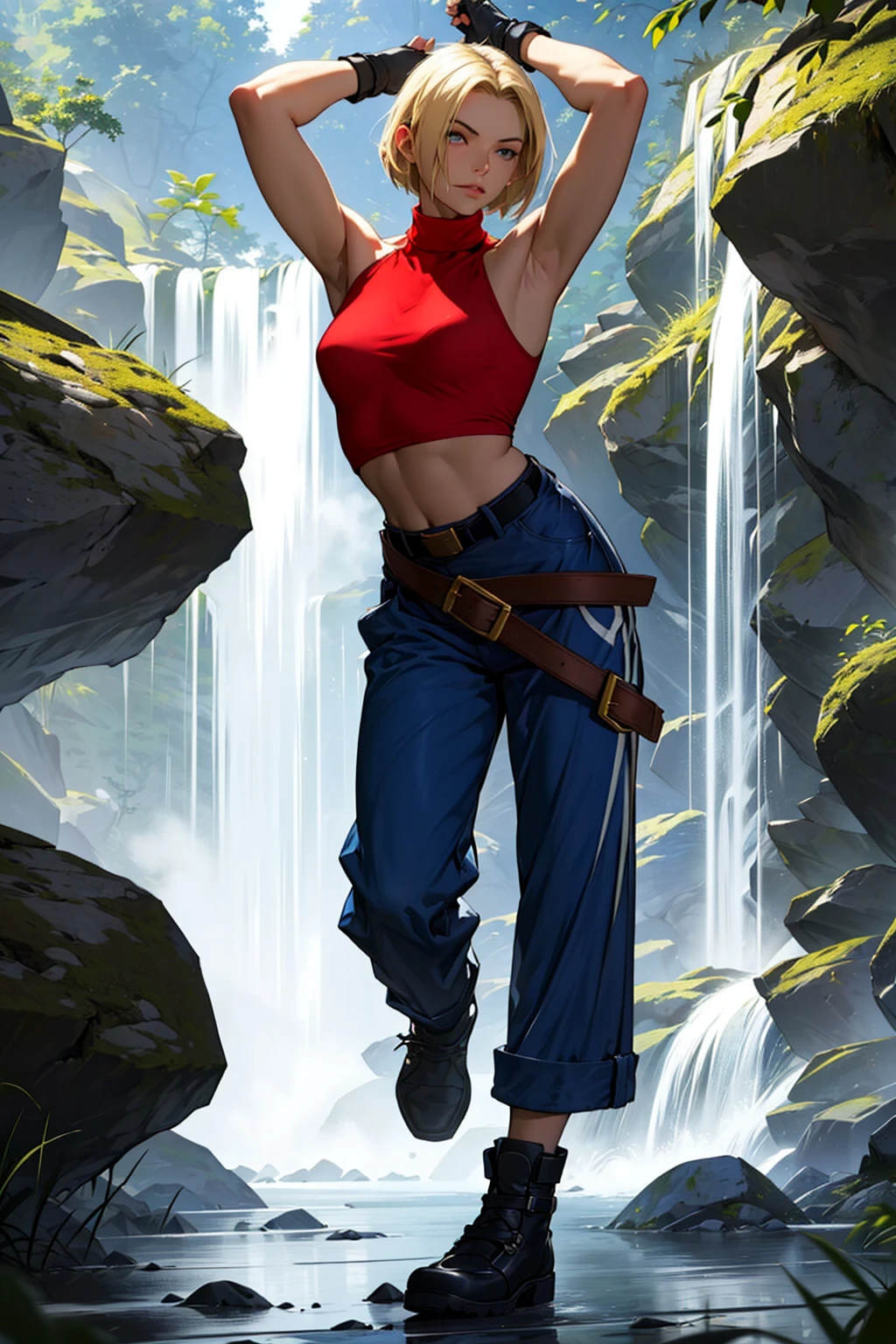 (masterpiece,  best quality:1.2),  solo, 1girl,  female features,  BlueMary,  1girl,  blonde hair,  red turtleneck,  sleeveless tankop,  fingerless gloves,  black belt,  big belt,  blue pants,  boots,  fighting pose,  waterfall,  perfect face,  perfect picture,  detailed eyes,  sharp focus,  standong,<lora:EMS-254939-EMS:1.000000>