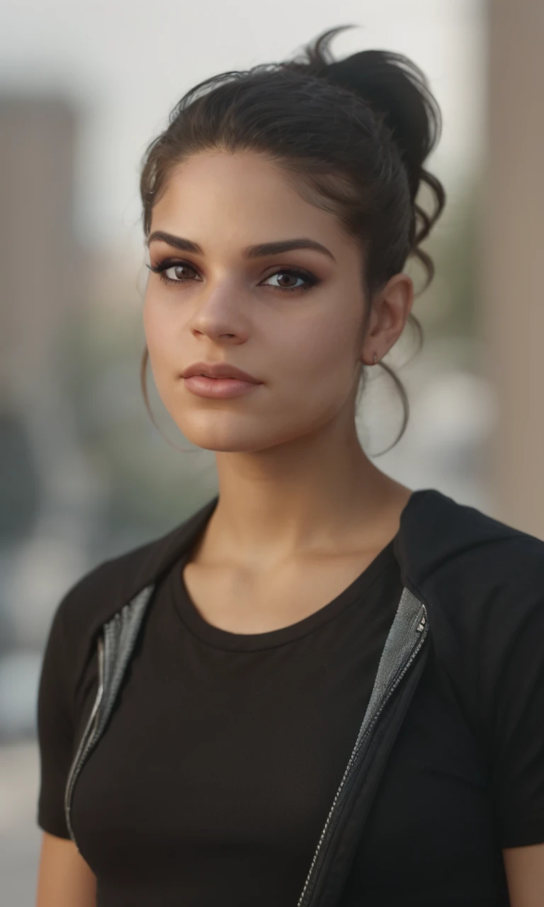 closeup, focus on eyes,mannilp2024, 1 girl, uhd, 8k, best quality, masterpiece, skin pores, detailed skin, pink t-shirt, ponytail, cinematic lighting, depth of field, city, dramatic lighting, brown hair