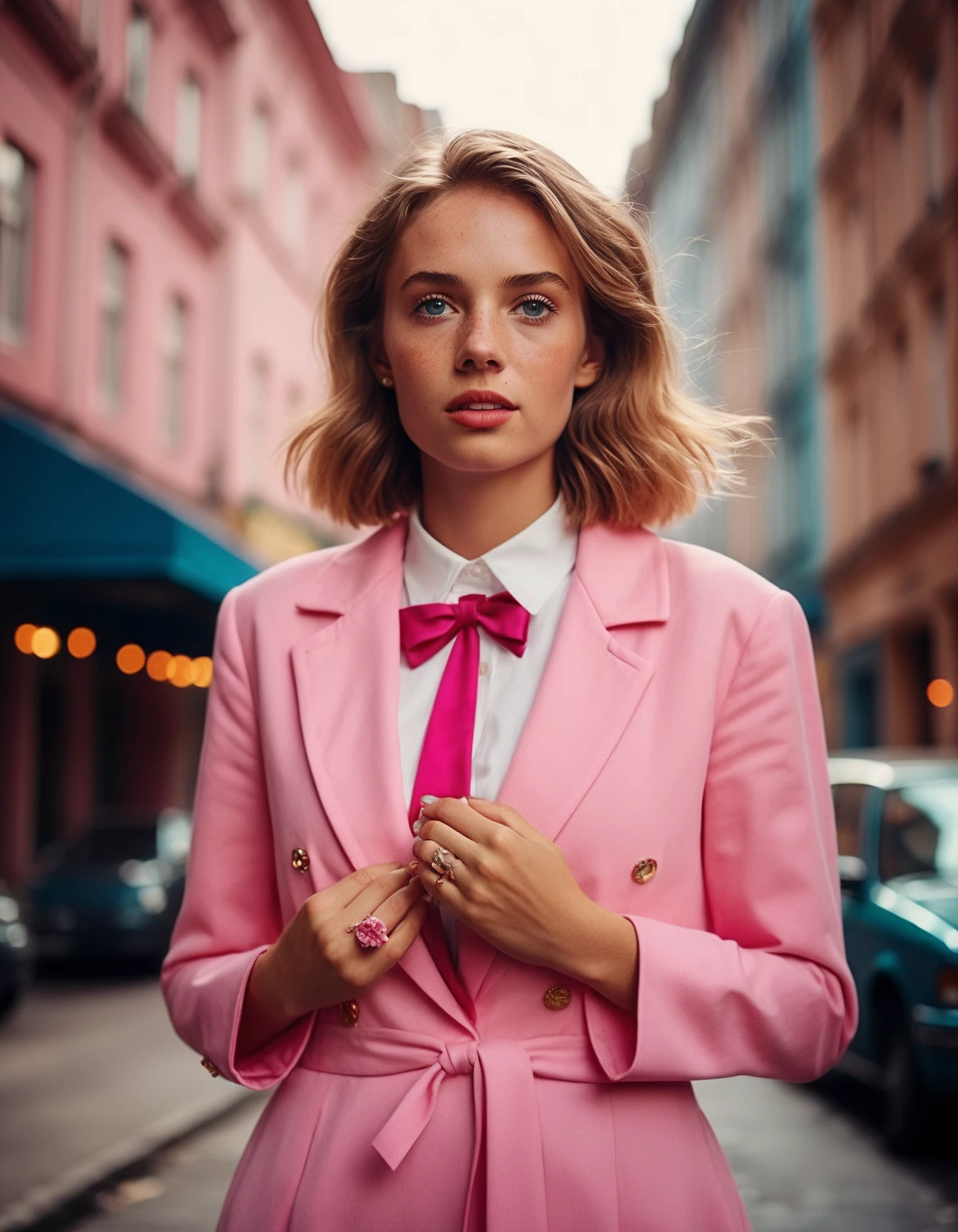 cinematic photo Architecture Photography, ((ohwx woman)) ,As Helga Pataki from Hey Arn!, wearing her pink dress, white shirt, and pink bow, secretly watching Arn from afar with her locket, capturing her unrequited love, city street background, vibrant colors, detailed environment, true to the distinct art style of the show, high-resolution, nostalgic scene., <lora:maya_dh128_v1-step00015000:1> . 35mm photograph, film, bokeh, professional, 4k, highly detailed